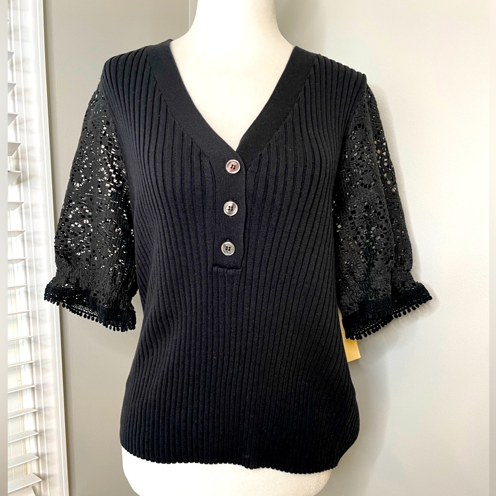 NWT Anthropologie Black Ribbed V Neck Sweater with Lace Short Sleeves